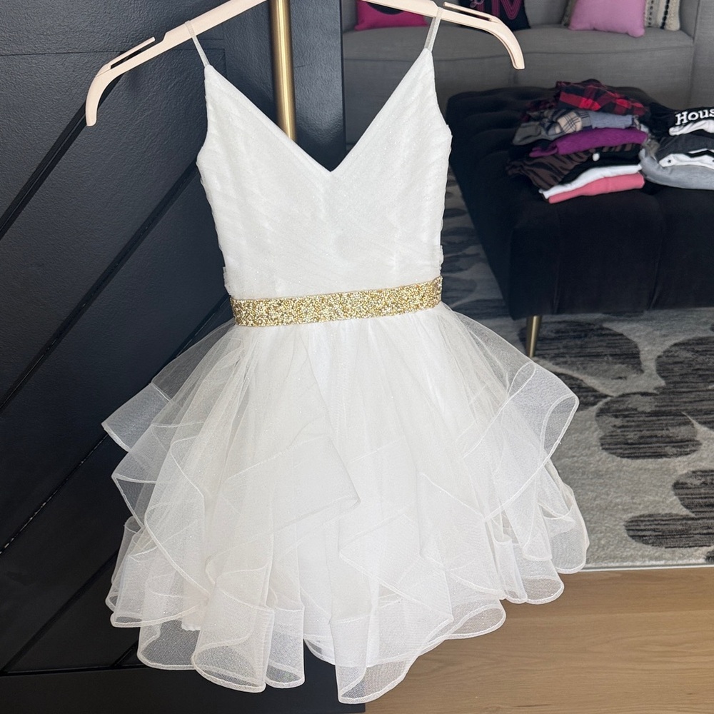 Terani Couture White Dress with Gold Belt